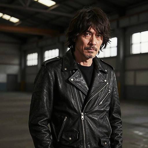 Photograph of a rugged, middle-aged man with wavy black hair and a goatee, wearing a black leather jacket, standing in a dimly