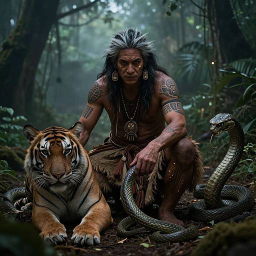 Photograph-style CGI: Muscular, tattooed man with wild gray hair and tribal attire, kneeling in dense forest, flanked by a tiger and