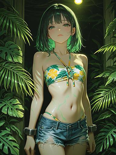 Girl in Tropical Bandeau Bikini and Denim Shorts