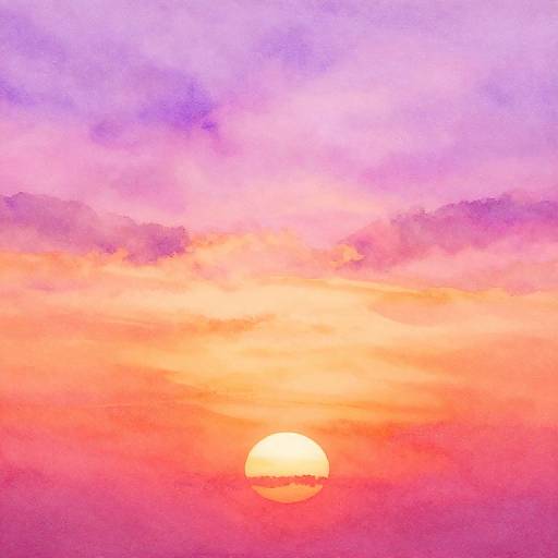 Vibrant sunset photograph featuring a bright orange sun partially obscured by pink and purple clouds, creating a stunning, colorful sky.