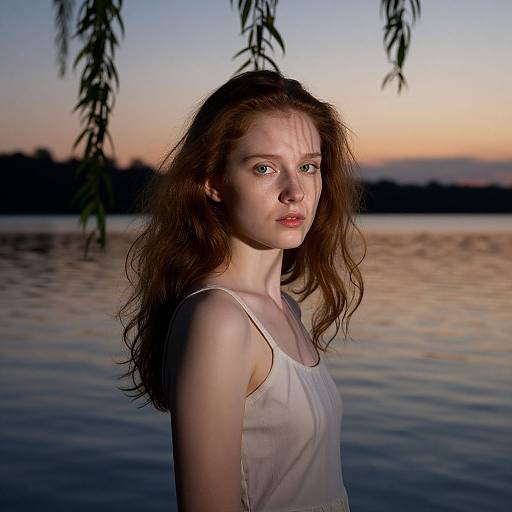 Photograph of a young white woman with fair skin and long, wavy red hair, wearing a white tank top, standing by a calm lake at