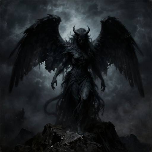 Dark, ominous digital illustration of a silhouetted demonic figure with large, tattered wings and horns, standing on rocky terrain under a stormy