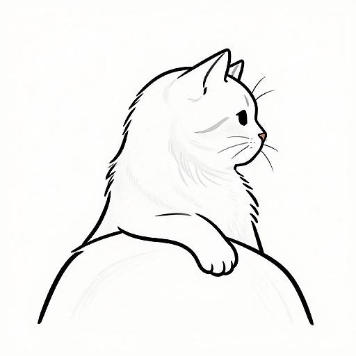 Black and white digital line drawing of a fluffy cat in profile, facing right, with simple, clean, minimalist lines.