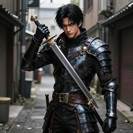 Digital art of a serious, black-haired man in shiny, dark metal armor holding a sword in a narrow, urban alley.