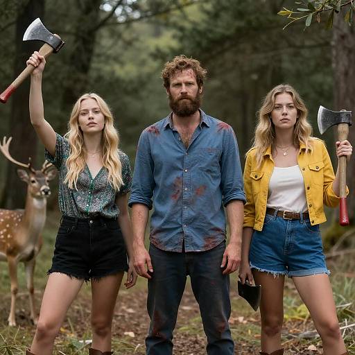 Blood-stained Trio with Axes in Forest