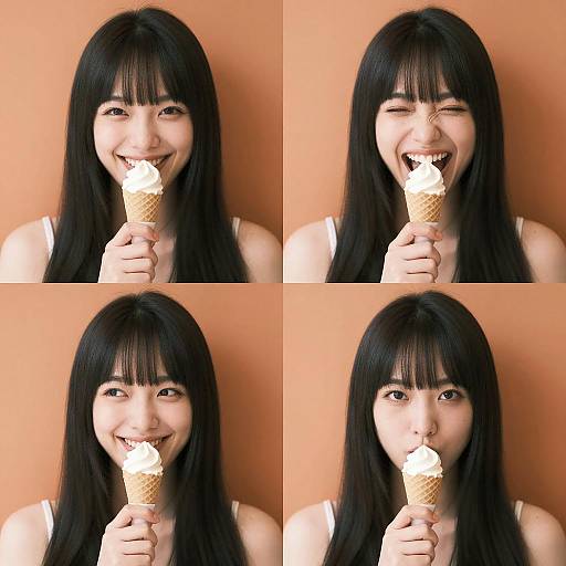 Asian Woman Enjoying Ice Cream Cone in Four Panels