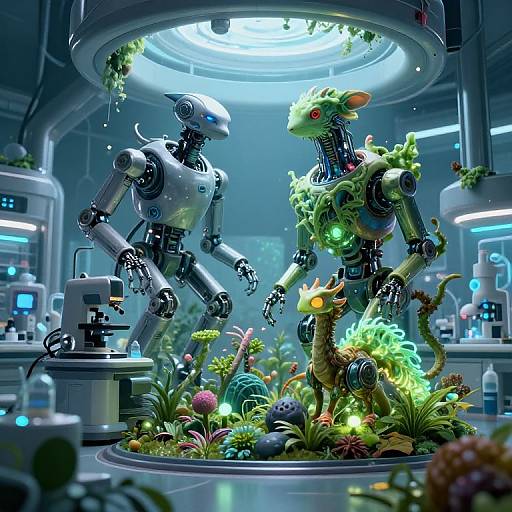 CGI sci-fi scene: Two metallic robots with one plant-covered, standing in a futuristic lab, surrounded by glowing, alien plants and a small green