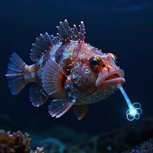 Photograph of a vibrant anglerfish with bioluminescent lure, adorned with intricate patterns and sparkling scales, against a dark underwater backdrop.