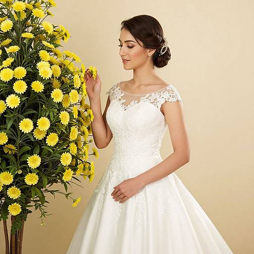 Photograph of a smiling brunette bride in a lace, white wedding dress, standing beside a large bouquet of vibrant yellow daisies.