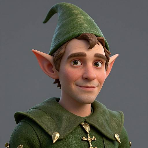 CGI image of a young, smiling male elf with green hat, large pointed ears, green cloak, and gold cross pendant against a blue background.