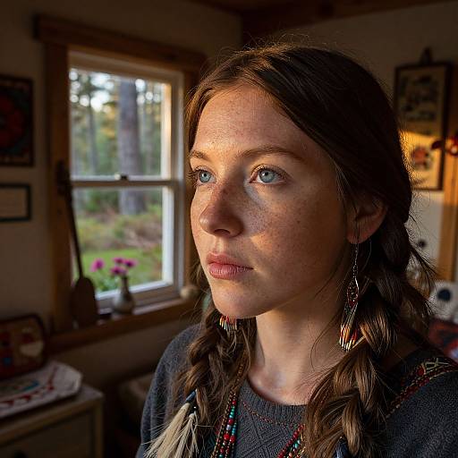 Photograph of a freckled young woman with blue eyes, long brown braids, wearing a dark sweater, standing in a warmly lit, rustic