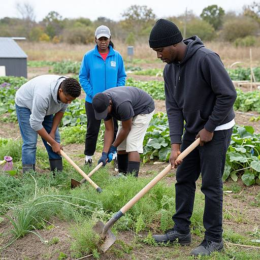 Photograph of four African men in casual clothing, working in a lush vegetable garden, using hoes, with a blue-jacketed man observing.