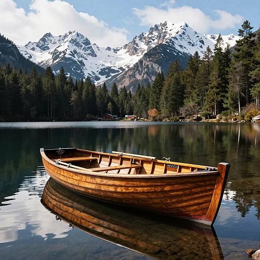 Photograph of a wooden rowboat on a calm lake, reflecting snowy mountains and dense evergreen forest under a partly cloudy sky.