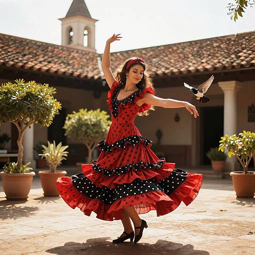 Photograph of a dancing woman in a red polka-dot dress with black ruffles, black shoes, and red headband, surrounded by potted