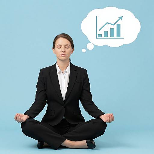 Photograph of a brown-haired woman in a black business suit, meditating cross-legged against a light blue background, with a thought bubble containing a bar