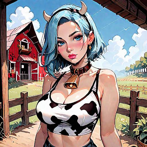Anime Girl in Cow Print Crop Top on Farm