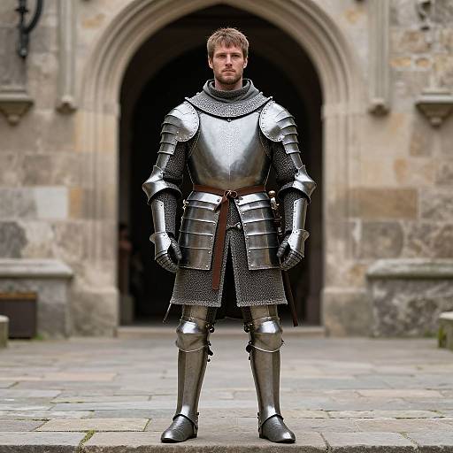 Photograph of a blonde, bearded man in medieval silver armor standing in front of a stone, arched doorway in a historic castle courtyard.