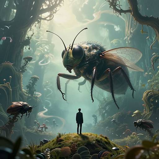 Digital art: Silhouette of a person standing on mossy hill in eerie, sunlit forest, overshadowed by enormous, menacing insect with translucent wings