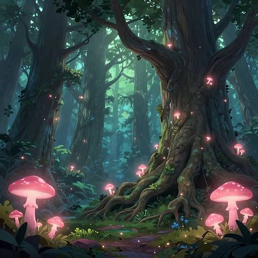 Digital fantasy artwork of a mystical forest with glowing pink mushrooms, fireflies, and towering trees, illuminated by ethereal green light.