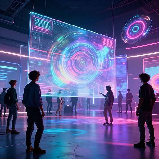 Neon-lit exhibition: Silhouetted people stand in awe before vibrant, circular digital displays with swirling light patterns in blue, pink, and