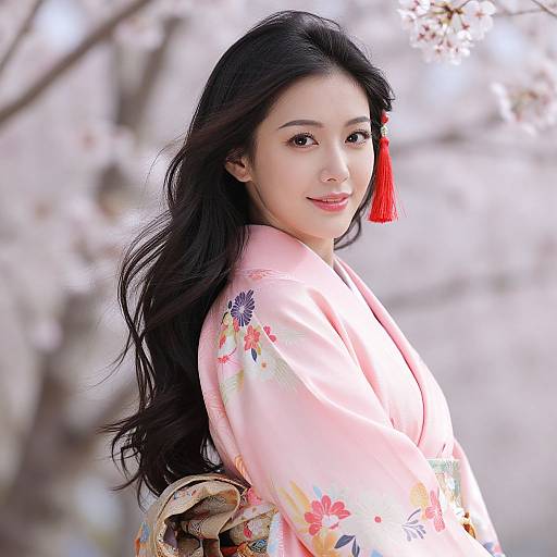 Elegant Woman in Ornate Pink Kimono