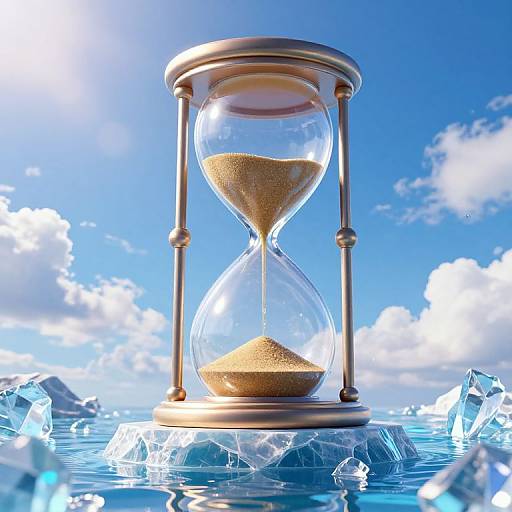 Photograph of an hourglass with sand, set on an icy blue water surface, against a bright blue sky with fluffy clouds.