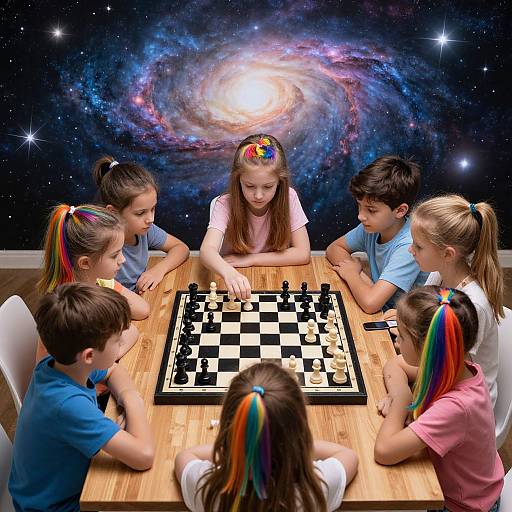 Photograph of seven children with colorful hair, sitting around a wooden table playing chess, with a vibrant galaxy background.