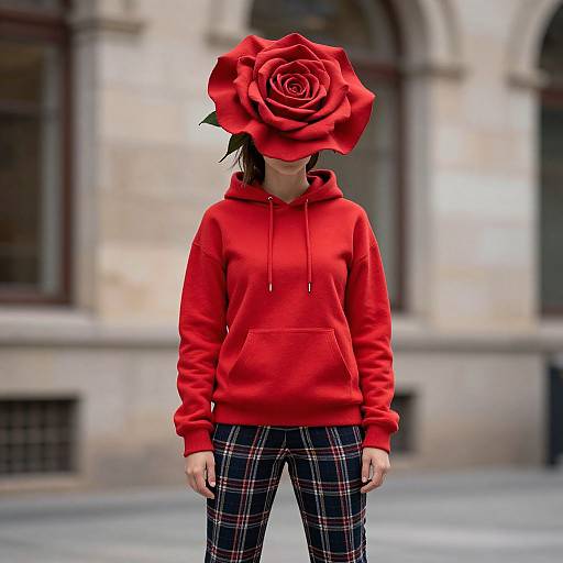 Photograph of a person wearing a red hoodie and plaid pants, with a large red rose head covering their face, standing in front of a blurred
