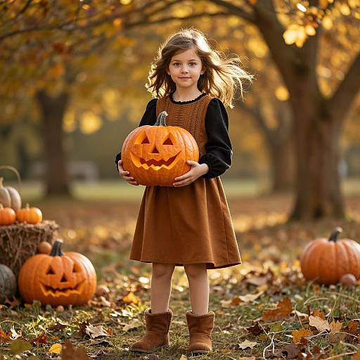 Photograph of a young girl with brown hair, wearing a brown dress and boots, holding a carved pumpkin, standing in an autumn park with fallen leaves