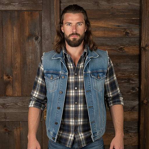 Photograph of a bearded man with long brown hair, wearing a blue denim vest over a black-and-white plaid shirt, standing against a rustic