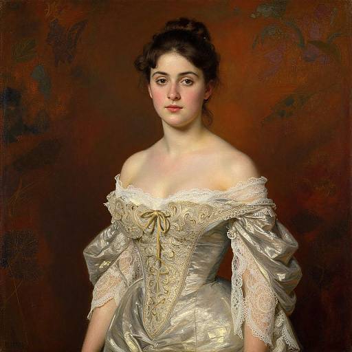 19th-century portrait of a fair-skinned woman with dark hair, wearing an off-shoulder, intricately embroidered, white lace dress, against