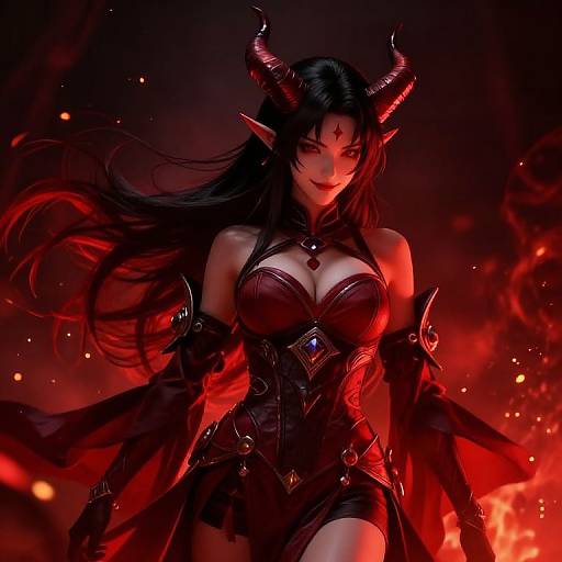 Digital artwork of a seductive, dark-haired demon woman with red eyes, black horns, pointed ears, and a revealing red and black leather corset