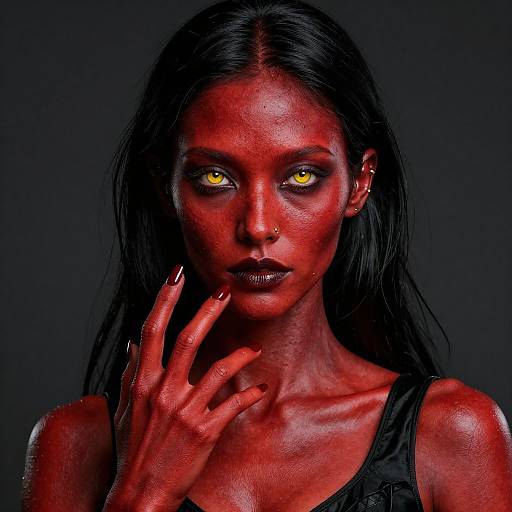 Photograph of a striking, red-painted African woman with glowing yellow eyes, long black hair, and black tank top, touching her chin against a