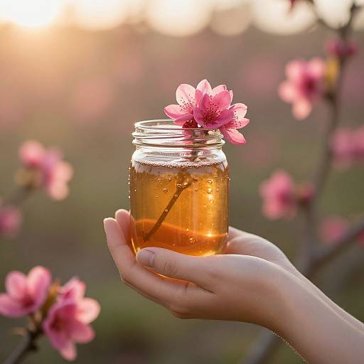 Photograph of a hand holding a jar of amber honey with a pink cherry blossom on top, set against a blurred, sunlit background of cherry bloss