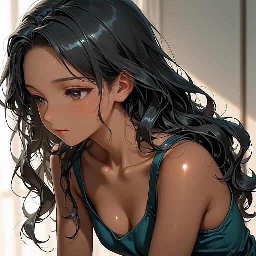 Dark-Skinned Girl with Black Wavy Hair