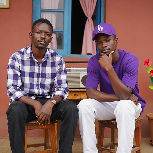 Two Men Sitting Outside Colorful Building