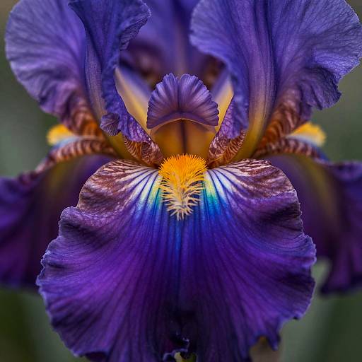 Close-up photograph of a vibrant purple iris flower with intricate petal textures, yellow and blue highlights, and a striking orange center.