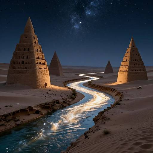 Photograph of a surreal desert night scene with glowing pyramids, a winding river of light, and a starry Milky Way sky.