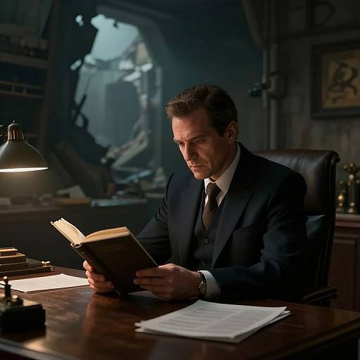 Photograph of a focused, middle-aged man in a dark suit reading a book under a lamp in a dim, cluttered office.