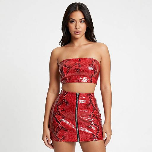 Photograph of a woman with long black hair, wearing a shiny red snakeskin strapless crop top and matching skirt with a front zipper, against a