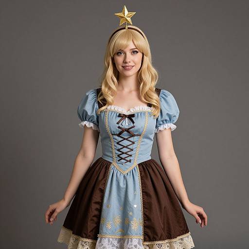 Photograph of a blonde woman in a blue and brown Alice in Wonderland costume with puffed sleeves, corset-style bodice, star headband,