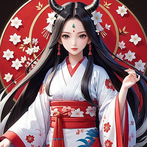 Digital anime-style illustration of a beautiful Asian woman with long black hair, red horns, and a white floral kimono, set against a red circular backdrop