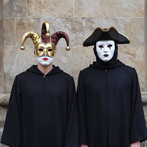 Masked Figures Against a Stone Wall