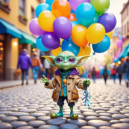 Cute Fantasy Creature Holding Colorful Balloons on Cobblestone Street
