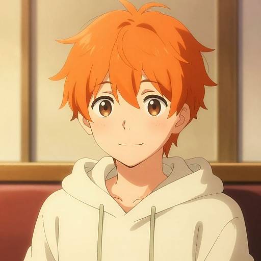 Anime-style digital drawing of a young boy with bright orange, tousled hair, brown eyes, and a white hoodie, smiling softly. Background features blurred