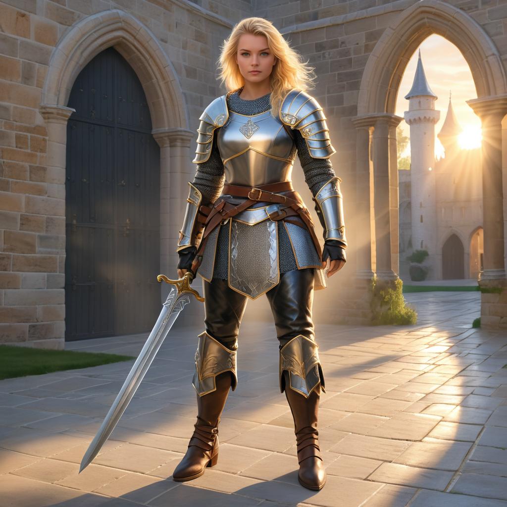 Determined Female Knight in Castle Courtyard