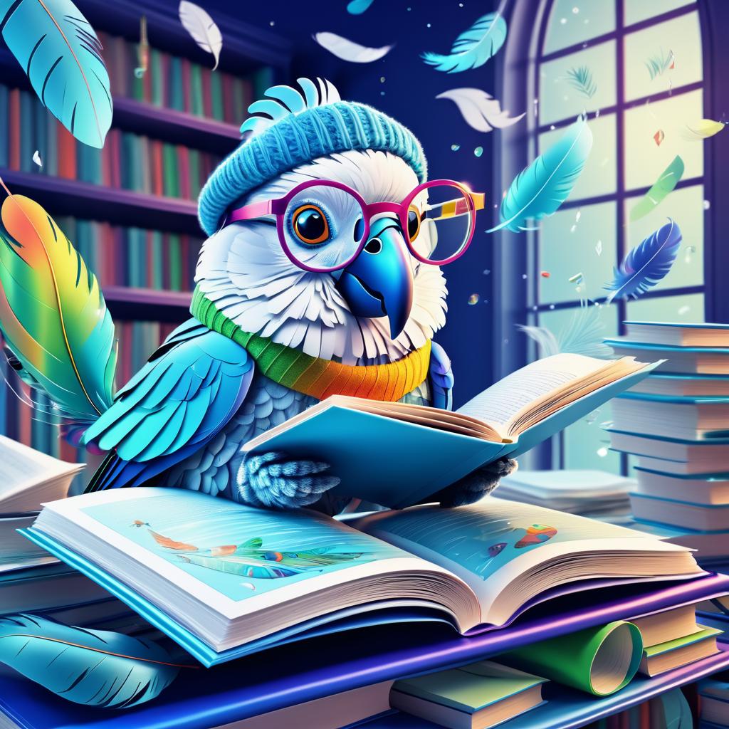 Whimsical Parrot Reading in Cool Tones