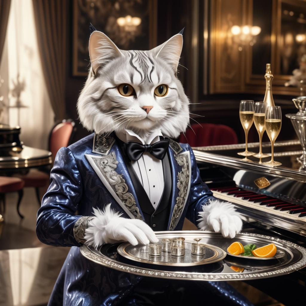 Elegant Cat Pianist in Grand Restaurant