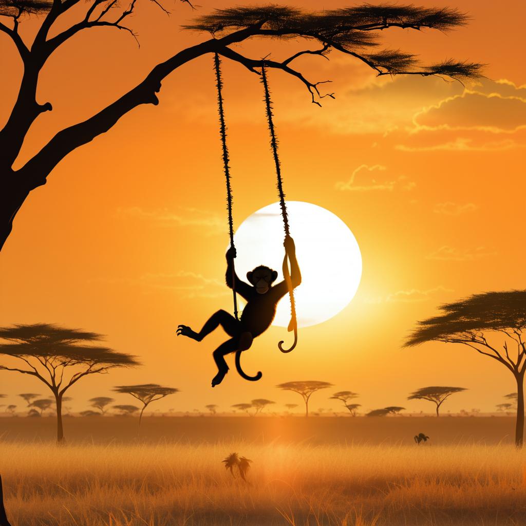 Playful Monkey in African Sunset