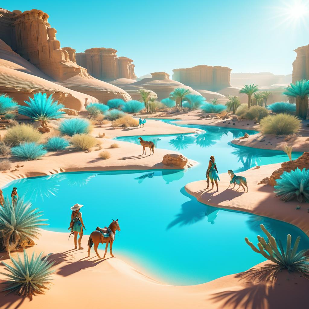 Vibrant Desert Oasis with Explorers